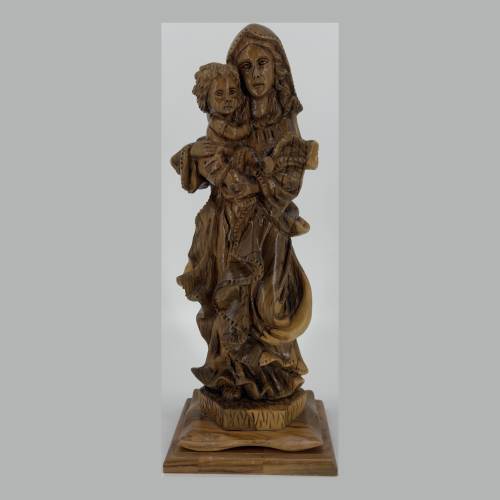 Olive Wood Standing Virgin Mary with Child Jesus Figurine #FI161