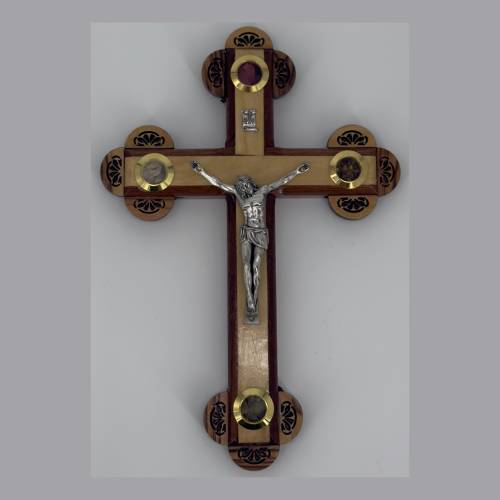 Olive Wood Two-Tone Orthodox Crucifix with Budded Terminals and 4 Holy Land Relic Capsules #CR208