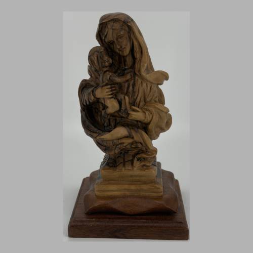 Olive Wood Virgin Mary Holding Infant Jesus Seated Figurine #FI162