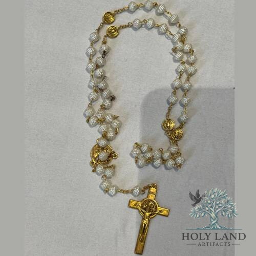 Saint Benedict Gold Rosary with White Rose Beads #R122